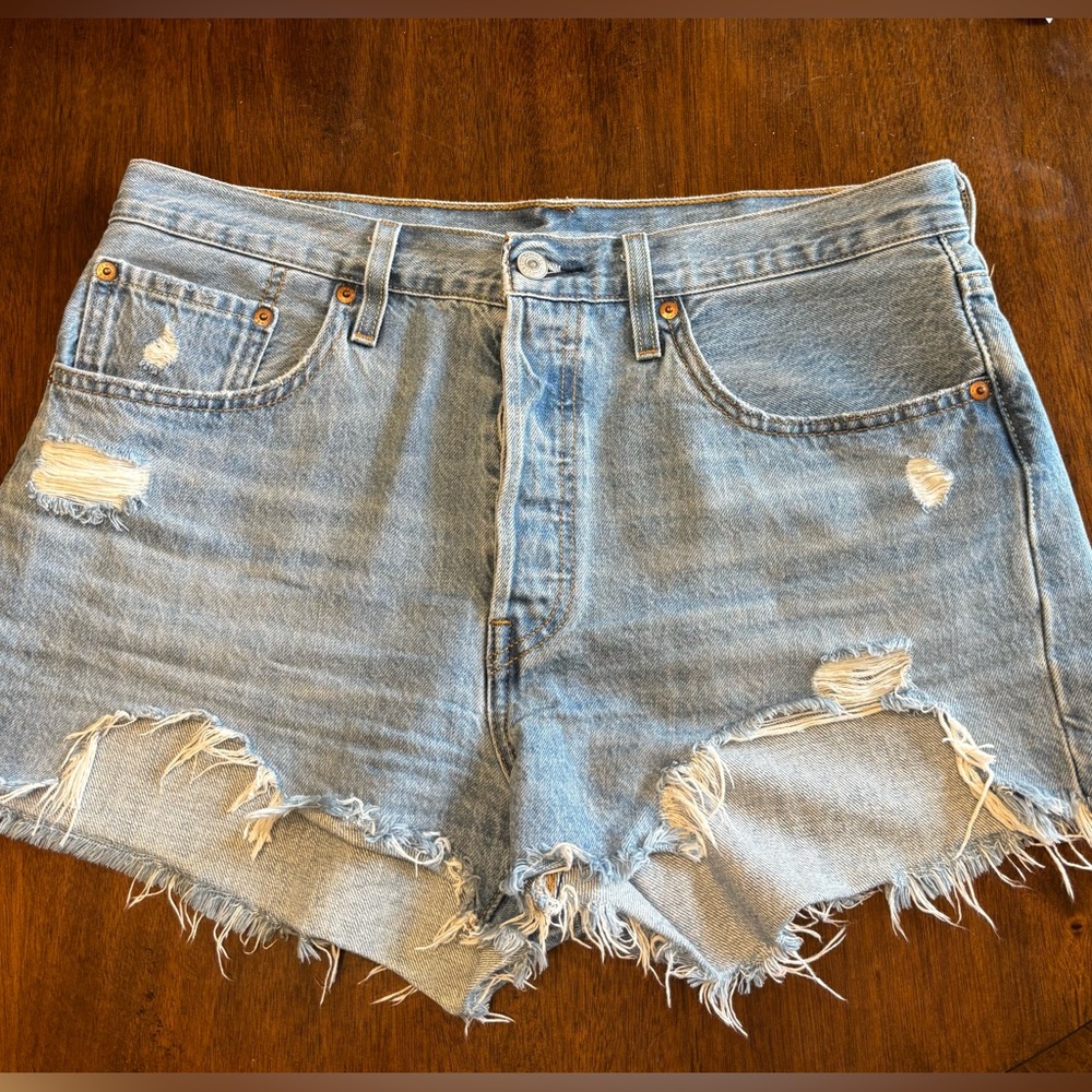 LEVIS High Waisted Distressed Shorts Size 31 Button Fly GUC LEVI Denim Blue Jean